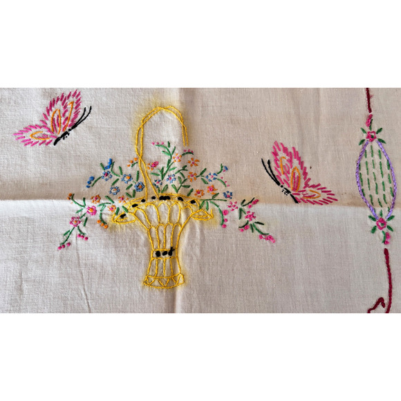 Vintage Embroidery Flower Basket Pillow Cover Case Butterflies 17x16 - Picture 8 of 12